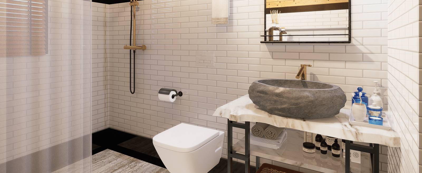 A bathroom interior with a stone sink, toilet, shower curtain, and wooden ceiling - Rhino and River BluSalzz Collection, Pobitora