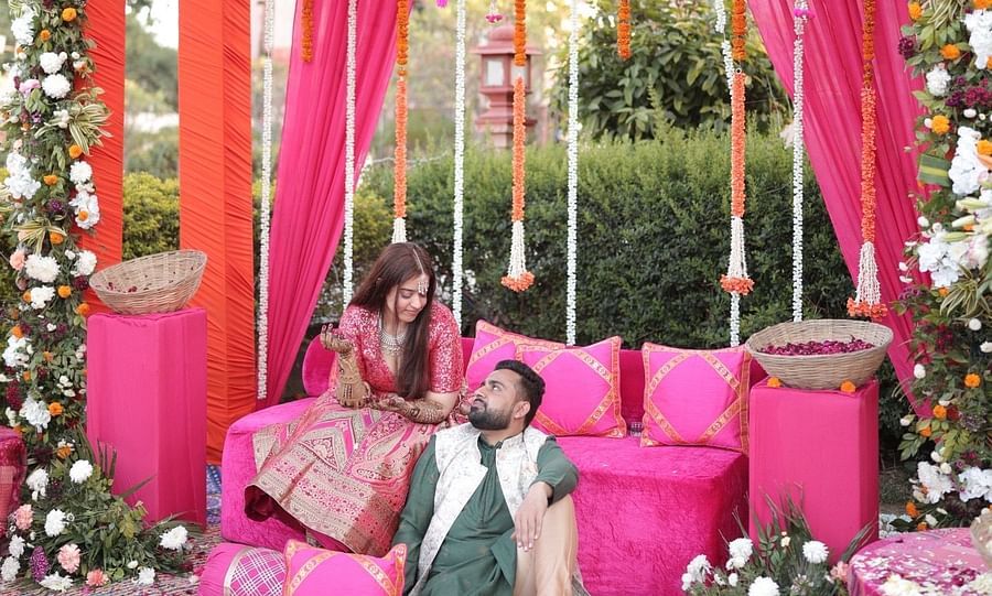 Floral mehendi setup for Advait & Akshay’s celebration at Umaid Palace.