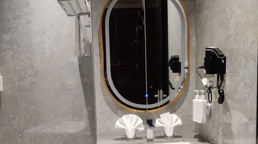 A bathroom at Anant Mahal, Jaipur featuring an oval mirror, a sink, hair dryer, and a glass partition for the walk in shower area.
