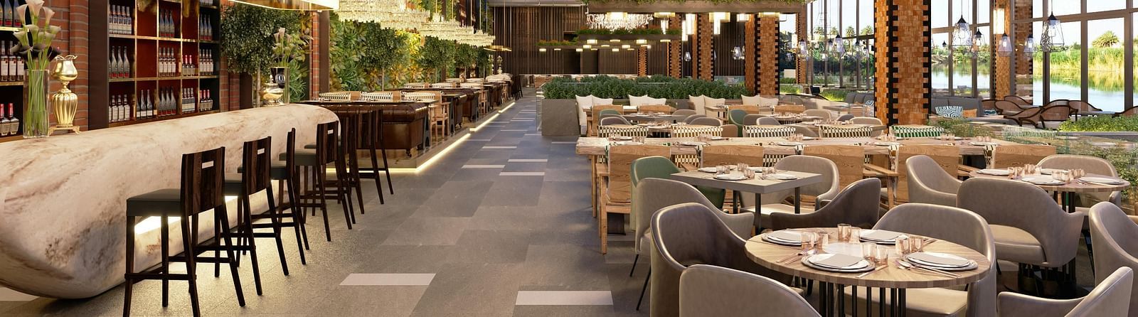 A spacious dining area featuring well-furnished and beautifully decorated settings, with a bar on one side and four-seater tables on the other.