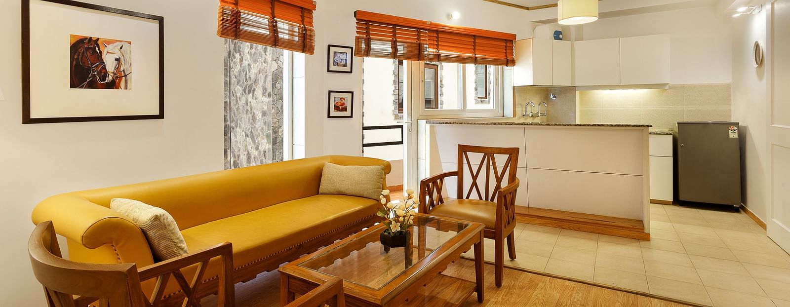 Leaving Area with comfy diwan seatings in One Bedroom Apartments Pinewood Nainital 