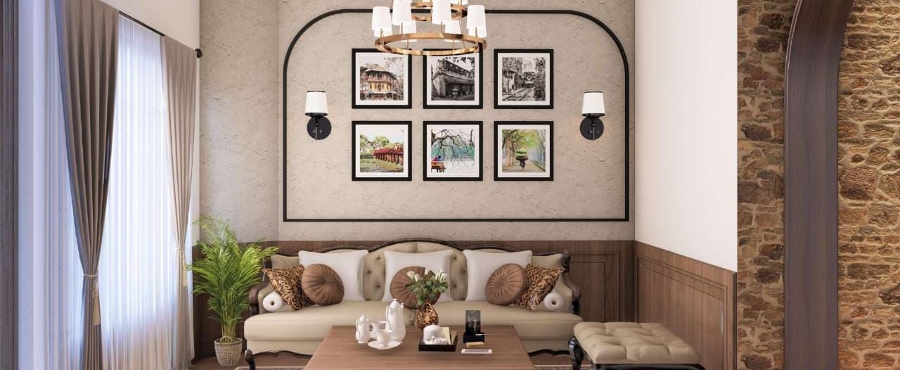 Living area with exposed wooden beams, a picture gallery wall, and a stone accent column at BluSalzz Terrah Hills Resort, Dalhousie.