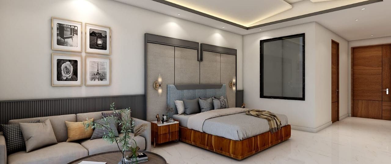 A spacious room featuring a double bed alongside a common seating area. - Namaste Corbett