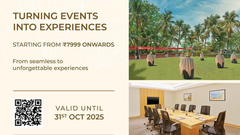 Promotional flyer for The Resort Mumbai's - Turning Events into Experiences offer featuring meeting spaces, outdoor lawn, rooms, and validity till 31st Oct 2025.