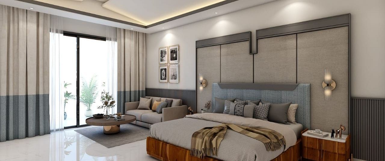 A beautiful room with ample of natural light coming from the huge french windows featuring a double bed in the room. - Namaste Corbett
