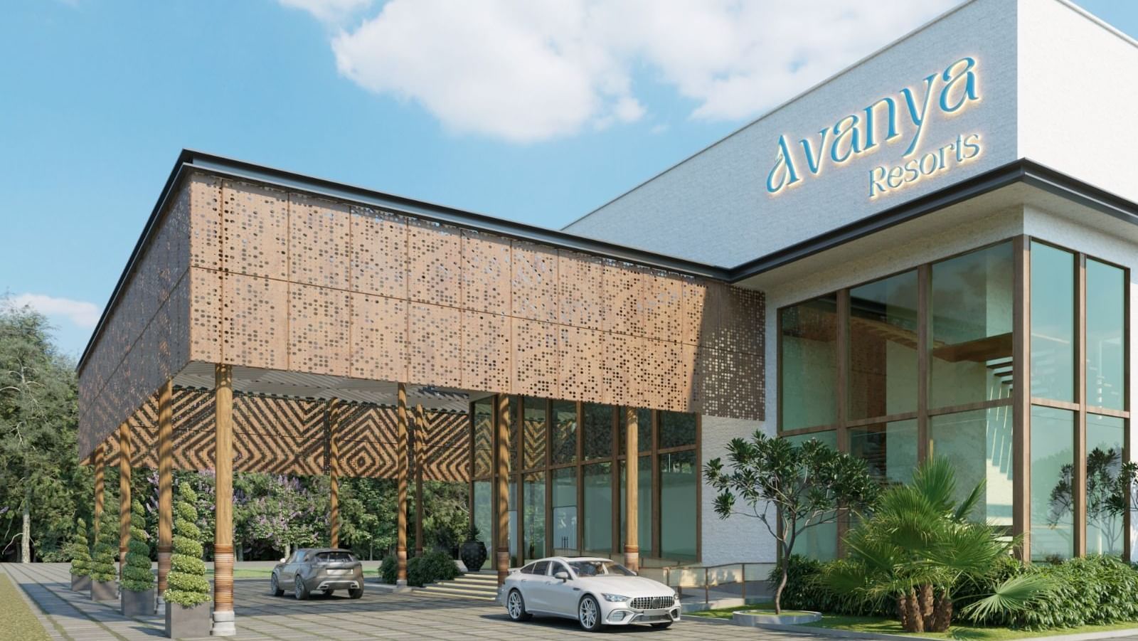 The front entrance of a stylish hotel with the name 'Avanya' visible above the driveway - Avanya Resorts Private Limited, Chennai