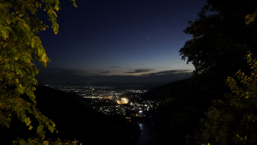 Valley views of the city from Neer Ganga Resorts in the evening after the sunset 