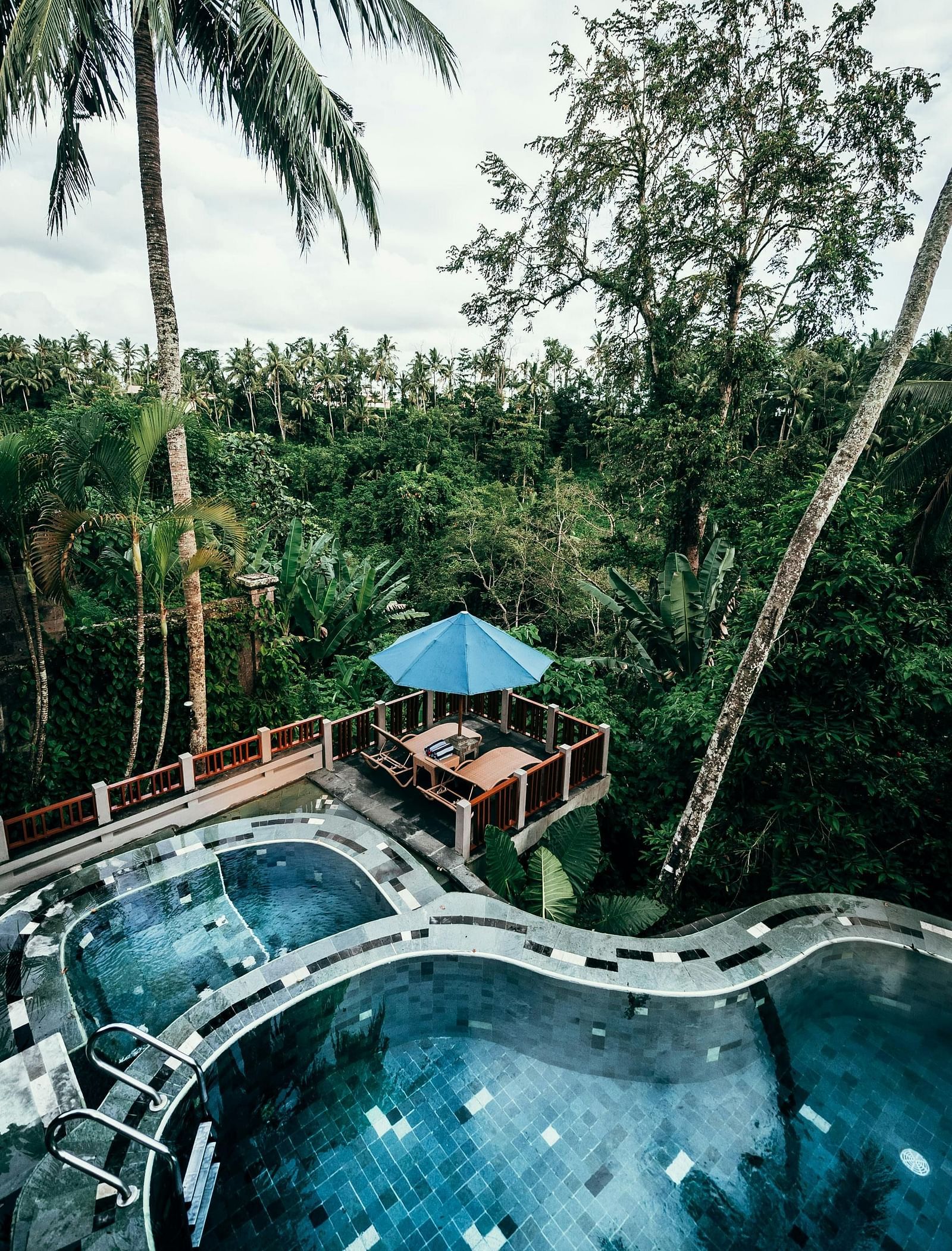 An outdoor pool at a hotel with forest views in the background.