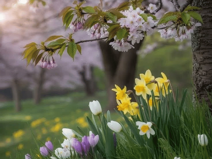 Colourful spring flowers blooming in a garden with soft sunlight and blurred trees in the background.