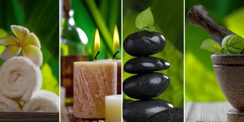 Rolled towels, candles, stacked stones, and a mortar with herbs arranged in 4 sections