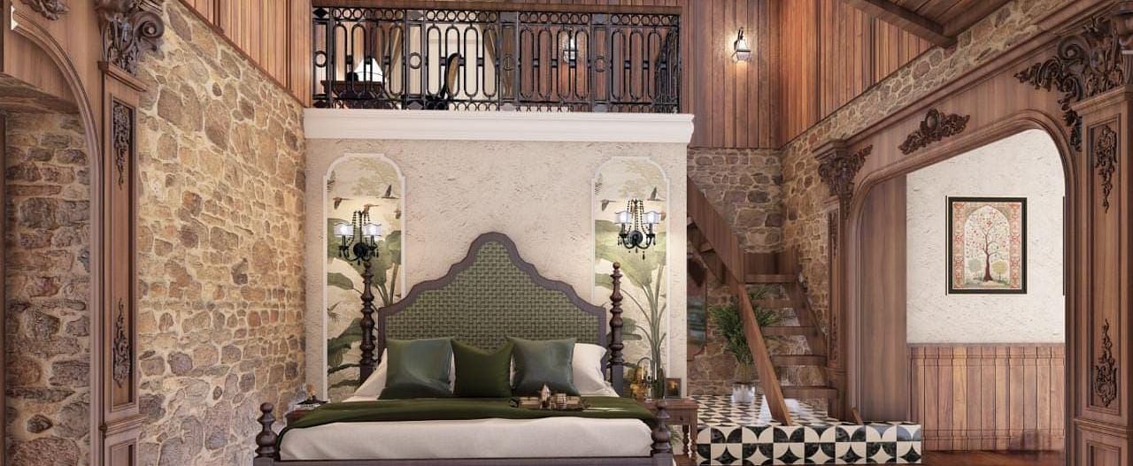 A grand bedroom with a dark green upholstered bed, stone walls, and wooden ceiling beams, creating a luxurious rustic feel - BluSalzz Escapade Resort, Dalhousie