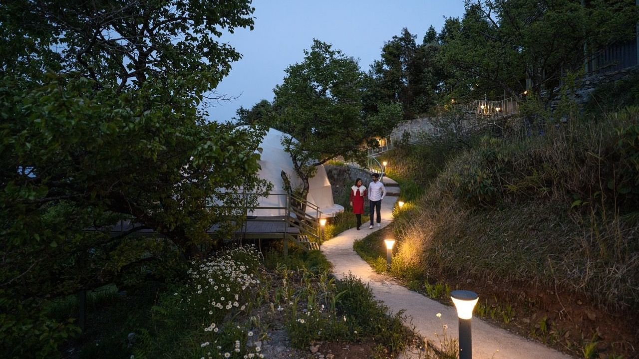 An image of a couple taking a stroll in the premises of avalon cottages