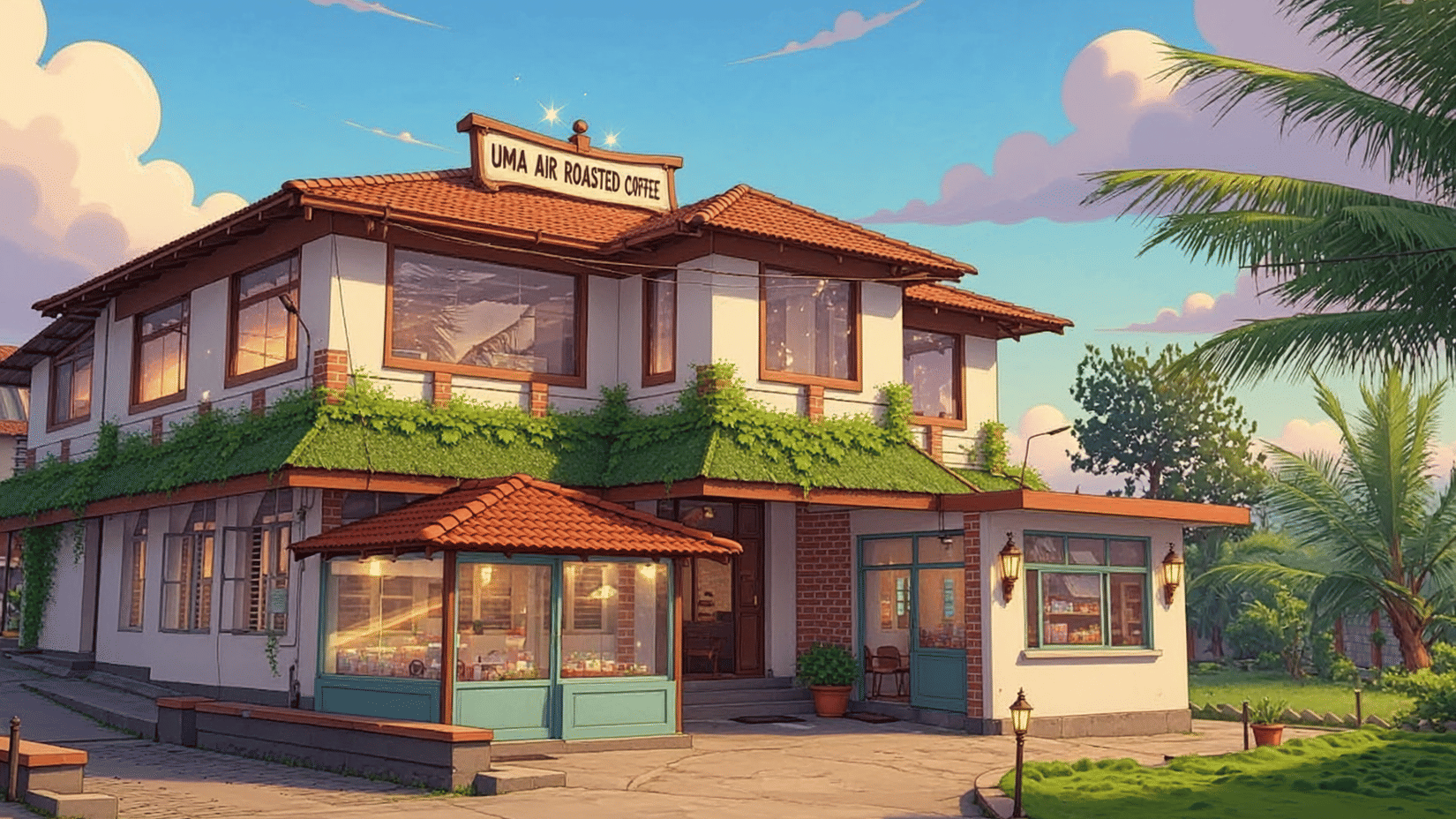 Exterior view of a traditional Coorg-style building housing a local coffee outlet.