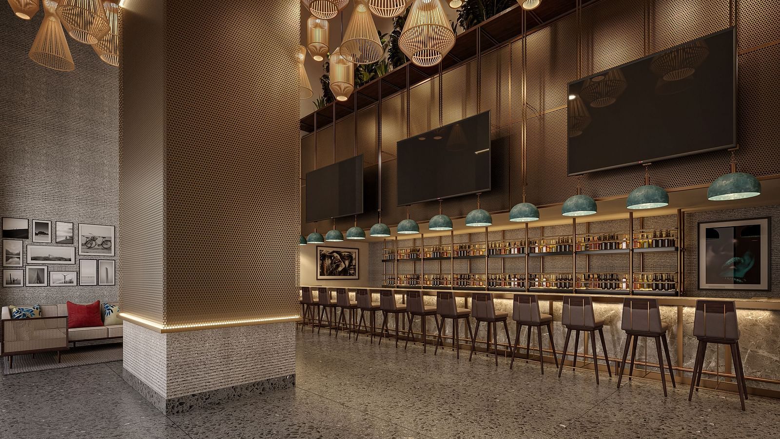 overview of the Bar Area at Sky Club with fancy chandeliers, a bar counter and bar seats - Rhythm Gurugram