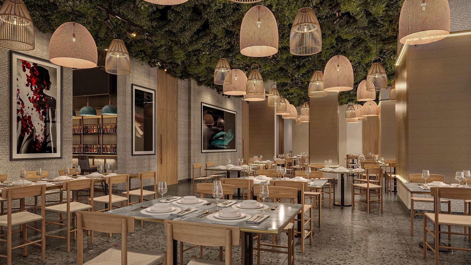 indoor seating arrangements inside Sky Club with chandeliers and art work on the wall - Rhythm Gurugram