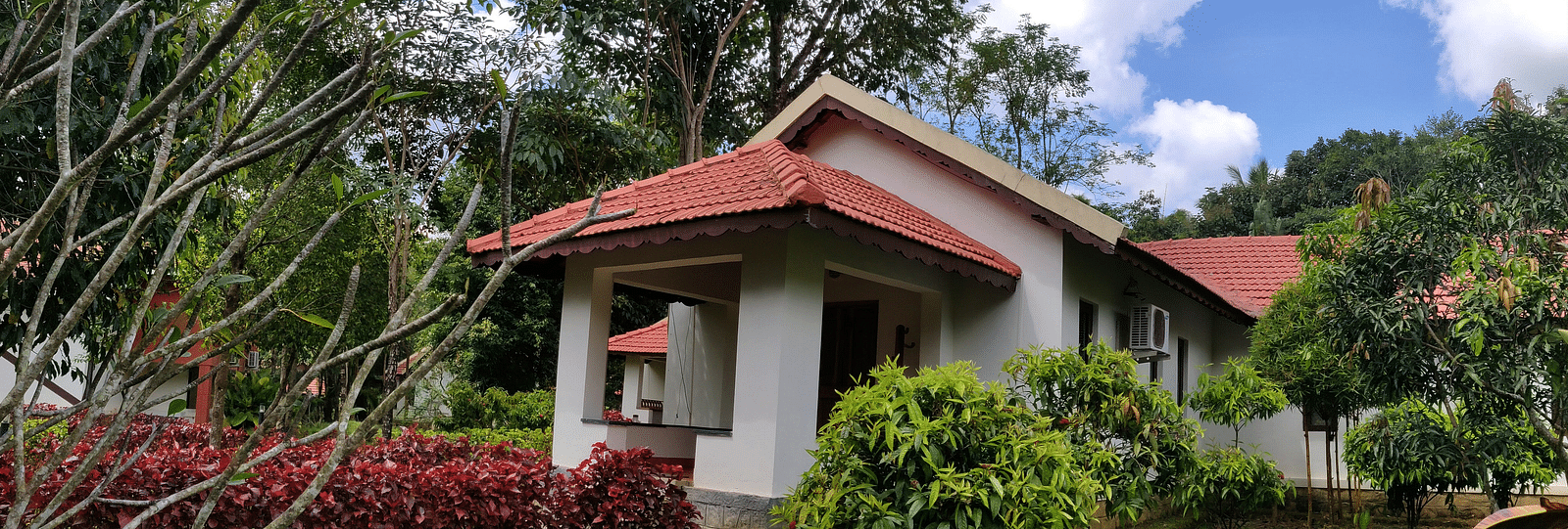 A single-story cottage with a red tiled roof and white walls surrounded by a lush garden with red-flowered shrubs, green lawns, and tall trees against a blue sky with fluffy clouds.