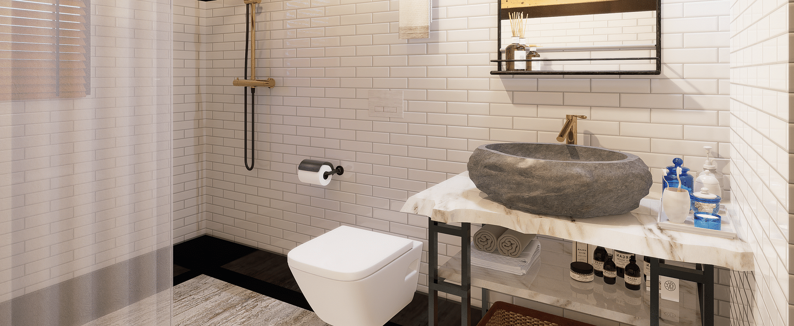 A bathroom interior with a stone sink, toilet, shower curtain, and wooden ceiling - Rhino and River BluSalzz Collection, Pobitora