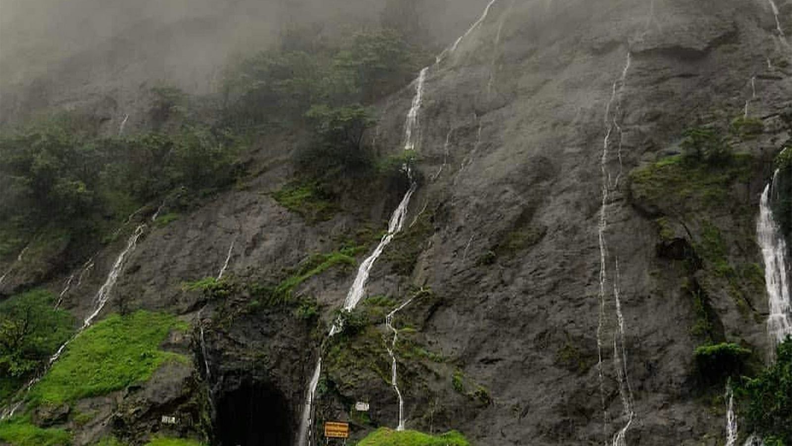 a person holding an umbrella and looking at dudhsagar falls in the background