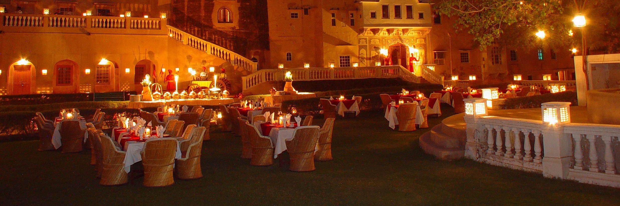 Gala Dinner at Gulab Bagh during evening with a cluster style arrangement  - Hotel Castle Mandawa, Jhunjunu