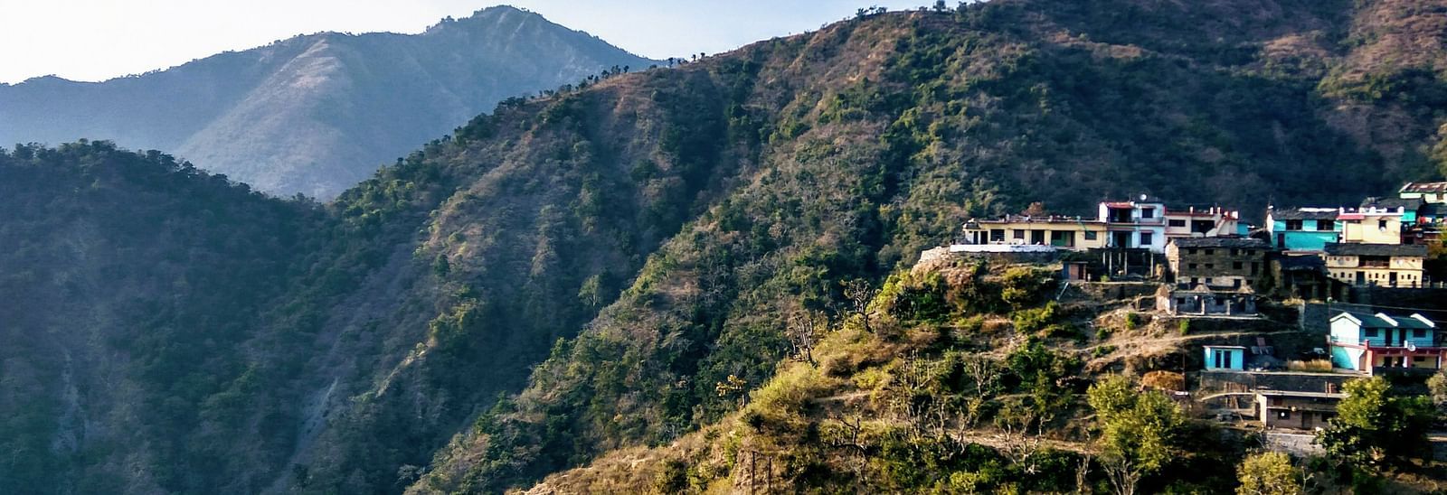 Aerial view of the hills with some houses in Dehradun