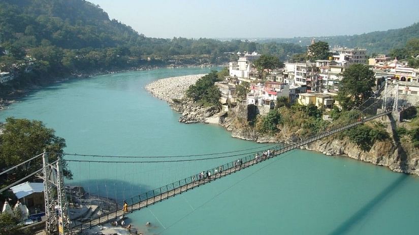 Drone shot image of Rishikesh and the river ganga