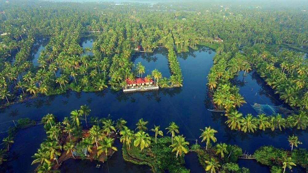 Aerial view of Munroe Islands, with lush greenery and water covering the area