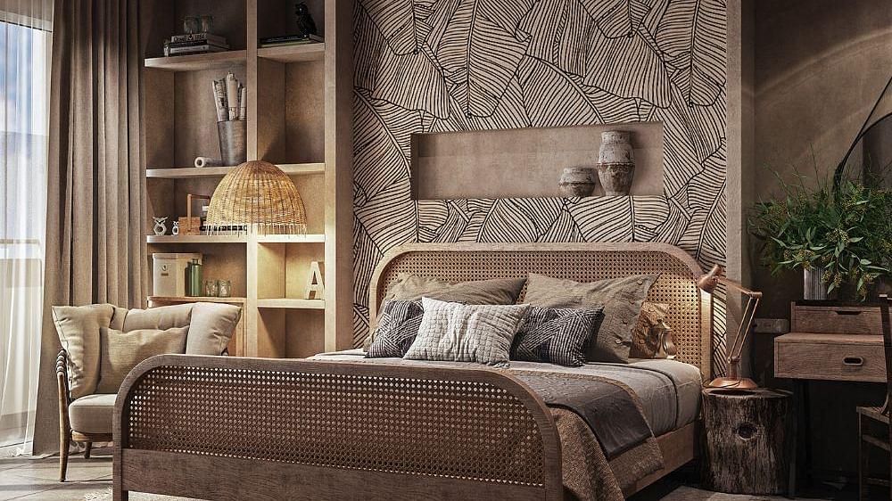 A room featuring a large bed with a small shelf above the headboard and another shelf beside the bed at The Evren, Vagator.