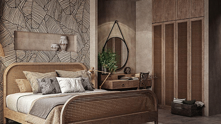 A spacious room featuring a large bed and a wall-mounted cupboard to the side at The Evren, Vagator.