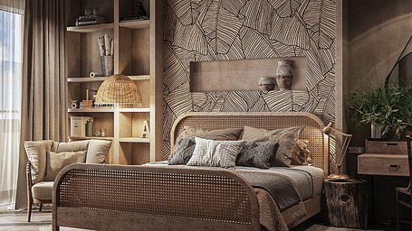 A room featuring a large bed with a small shelf above the headboard and another shelf beside the bed at The Evren, Vagator.