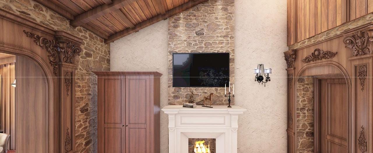 A cosy living area showcases a stone fireplace, television, and rustic wooden ceiling beams, exuding warmth - BluSalzz Escapade Resort, Dalhousie