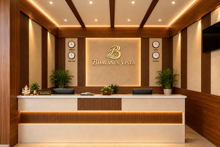 Modern front desk reception area with wooden paneling and warm ceiling lighting at Bhavani's Vista By Icon, Hosur.   