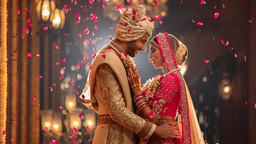 Just married husband and wide embracing each other after the wedding. There are bulb lights in the background and flower petals falling on them from above.