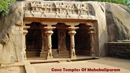 An rock-cut structure with columns with carvings and sculptures with text 'Cave Temple Of Mahabalipuram' written in the image.