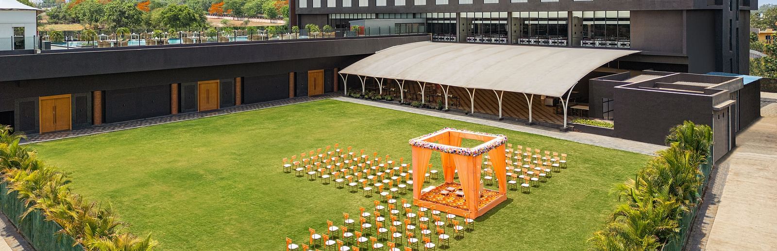 Wedding arrangement in Gulmohar Lawn at Essentia Luxury Hotel, Indore.