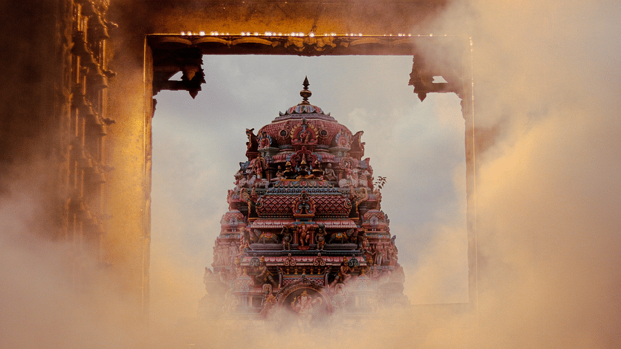 Temple facade in Chennai as seen from inside another building