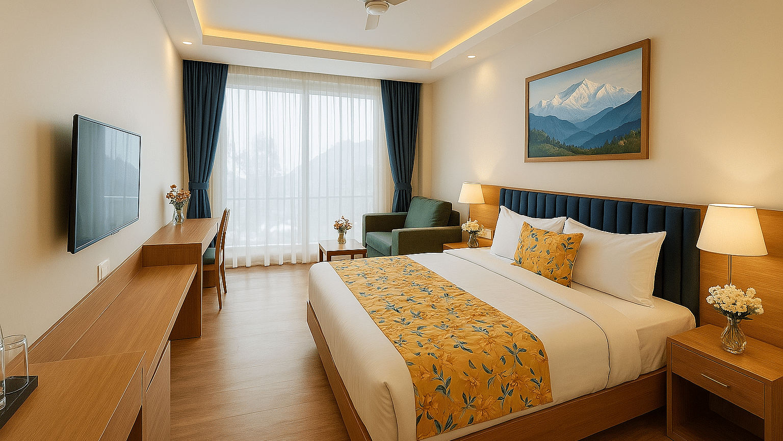 Side view of King Executive View Room With Balcony featuring a cosy bed, wall-mounted TV, and a large window at Summit Norling Resort & Spa, Gangtok