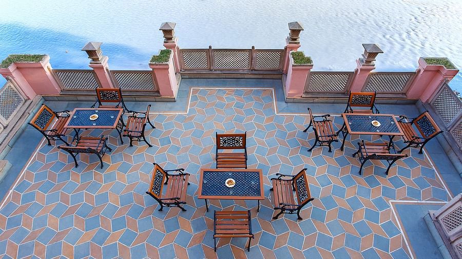 Restaurant overlooking the beautiful river at The Haveli Hari Ganga Haridwar