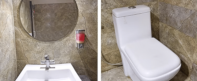 A collage of the washroom area at DLS Hotel Devlok, Manali with a vanity and a Western commode