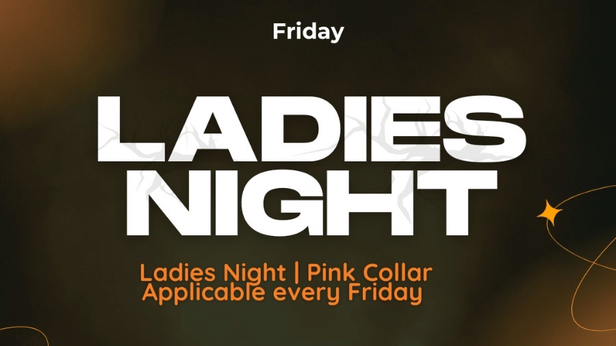 An event poster announcing Friday Ladies Night with unlimited drinks offering and a group of women raising glasses and celebrating together at a bar or lounge setting.