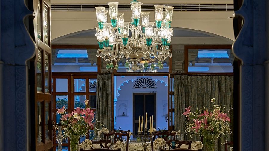 image of the dining area with the arched frame taken from the outside at dev shree deogarh