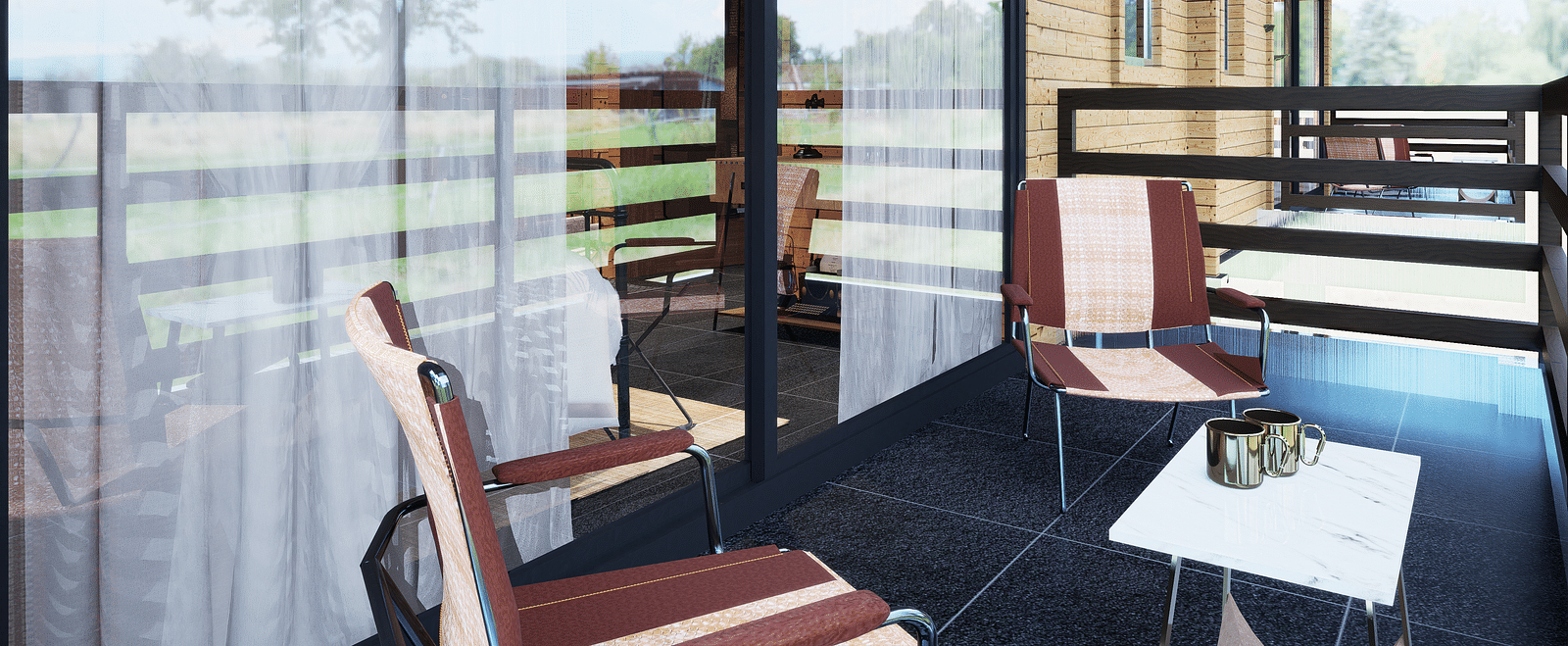 A balcony with chairs, a small table, a sliding glass door, and a view of trees - Rhino and River BluSalzz Collection, Pobitora