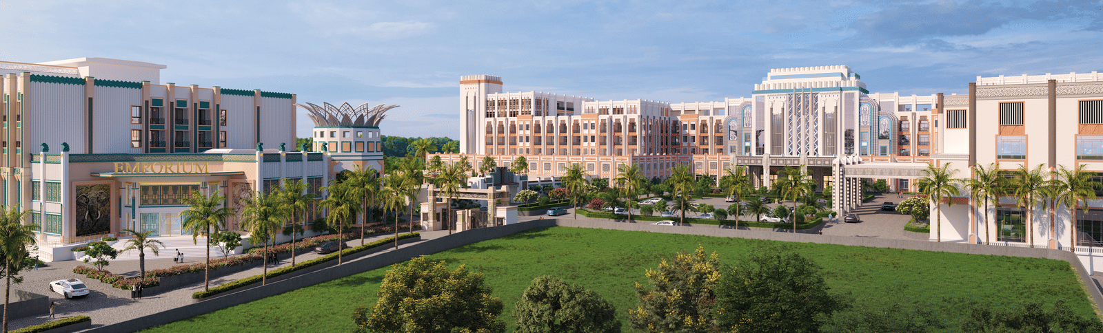 Luxury resort rendering for MAYFAIR Hotels and Resorts upcoming property, featuring a large landscaped garden and modern architectural design.