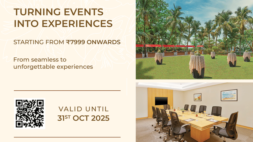 Promotional flyer for The Resort Mumbai's - Turning Events into Experiences offer featuring meeting spaces, outdoor lawn, rooms, and validity till 31st Oct 2025.