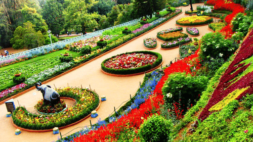A garden with colourful flowerbeds arranged in intricate patterns, surrounded by lush greenery and a walking path.