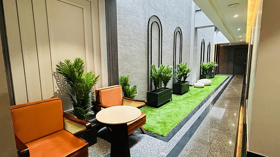 A well decorated lobby area of Five Elements Hotels Goldleaf, Haldwani