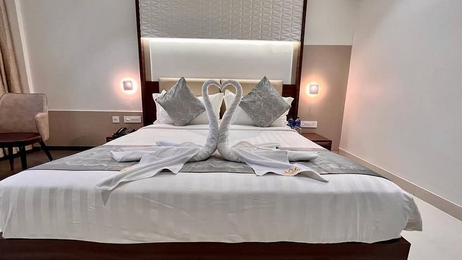 A front view of the bed in our Executive Room With Breakfast at Kyriad Prestige, Ilkal