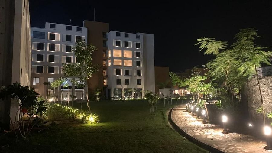 Wide view of Pride Resort Ambaji's Facade Night