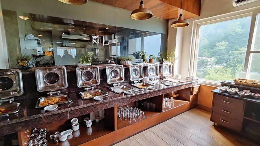 The buffet counter in the restaurant at Regenta Inn DLS overlooking the lush green views from the windows in the side.