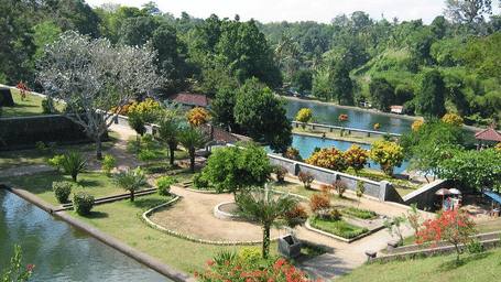 A wide shot of a green park with a pond and trees.