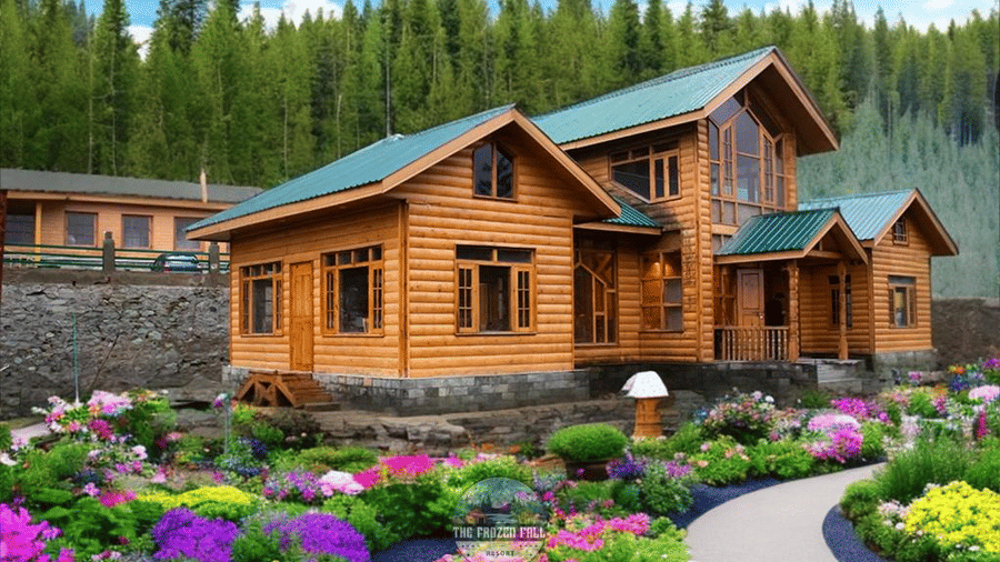 A multi-storey wooden villa building with a garden containing flowers and paths, situated near a forest at Dawat e Drung by FrozenFall Resort.